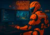 Futuristisk orange robot med turkost visir och Techies.se-logga sitter vid dator i neonbelyst gamingstudio och utvecklar spel med kod och 3D-grafik på skärmarna.