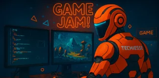 Futuristisk orange robot med turkost visir och Techies.se-logga sitter vid dator i neonbelyst gamingstudio och utvecklar spel med kod och 3D-grafik på skärmarna.
