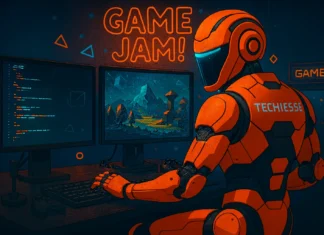 Futuristisk orange robot med turkost visir och Techies.se-logga sitter vid dator i neonbelyst gamingstudio och utvecklar spel med kod och 3D-grafik på skärmarna.