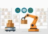 Illustration av AI-robotar i ett lager med autonoma mobila robotar och robotarmar som sorterar lådor – exempel på Robotics as a Service (RaaS) inom retail och e-handel.
