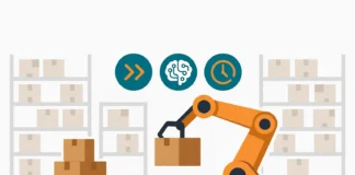 Illustration av AI-robotar i ett lager med autonoma mobila robotar och robotarmar som sorterar lådor – exempel på Robotics as a Service (RaaS) inom retail och e-handel.