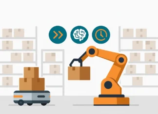 Illustration av AI-robotar i ett lager med autonoma mobila robotar och robotarmar som sorterar lådor – exempel på Robotics as a Service (RaaS) inom retail och e-handel.