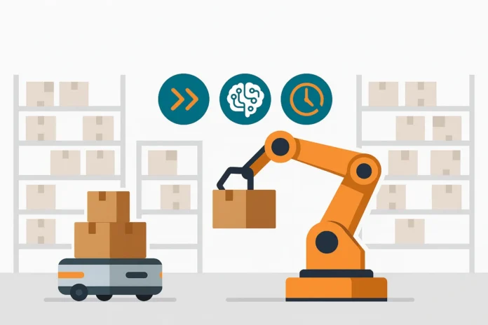 Illustration av AI-robotar i ett lager med autonoma mobila robotar och robotarmar som sorterar lådor – exempel på Robotics as a Service (RaaS) inom retail och e-handel.