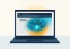 Illustration av laptop med webbläsarfönster där AI-processer visualiseras i turkos och orange ljus, symboliserar Gemma 3 Mini som körs lokalt i webbläsaren.