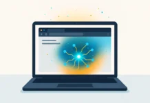 Illustration av laptop med webbläsarfönster där AI-processer visualiseras i turkos och orange ljus, symboliserar Gemma 3 Mini som körs lokalt i webbläsaren.