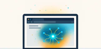 Illustration av laptop med webbläsarfönster där AI-processer visualiseras i turkos och orange ljus, symboliserar Gemma 3 Mini som körs lokalt i webbläsaren.
