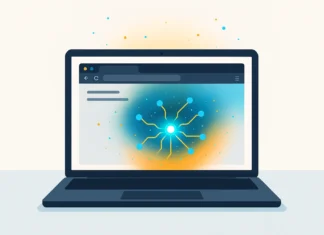 Illustration av laptop med webbläsarfönster där AI-processer visualiseras i turkos och orange ljus, symboliserar Gemma 3 Mini som körs lokalt i webbläsaren.