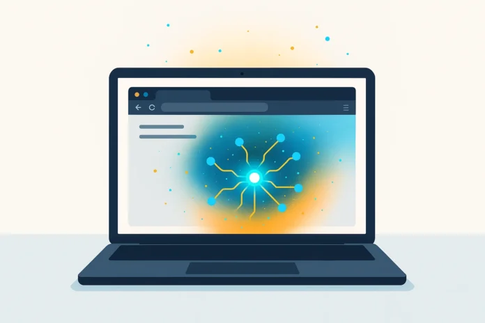 Illustration av laptop med webbläsarfönster där AI-processer visualiseras i turkos och orange ljus, symboliserar Gemma 3 Mini som körs lokalt i webbläsaren.