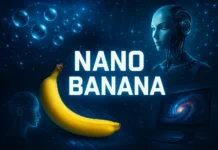 Futuristisk illustration av Nano Banana – kombination av banan, AI-robot och digitala effekter på turkos bakgrund.