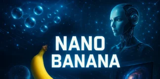 Futuristisk illustration av Nano Banana – kombination av banan, AI-robot och digitala effekter på turkos bakgrund.