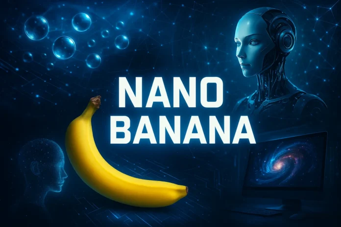 Futuristisk illustration av Nano Banana – kombination av banan, AI-robot och digitala effekter på turkos bakgrund.