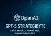 OpenAI GPT-5 strategibyte – futuristisk grafik med logotyp och pilar som symboliserar smart routing och användarflöden.