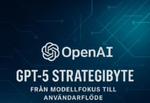 OpenAI GPT-5 strategibyte – futuristisk grafik med logotyp och pilar som symboliserar smart routing och användarflöden.
