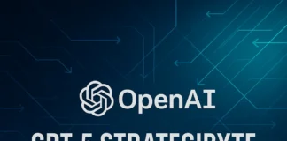 OpenAI GPT-5 strategibyte – futuristisk grafik med logotyp och pilar som symboliserar smart routing och användarflöden.