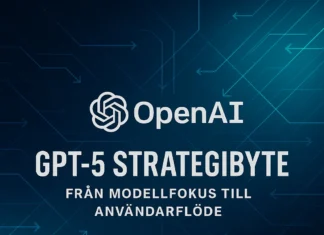 OpenAI GPT-5 strategibyte – futuristisk grafik med logotyp och pilar som symboliserar smart routing och användarflöden.