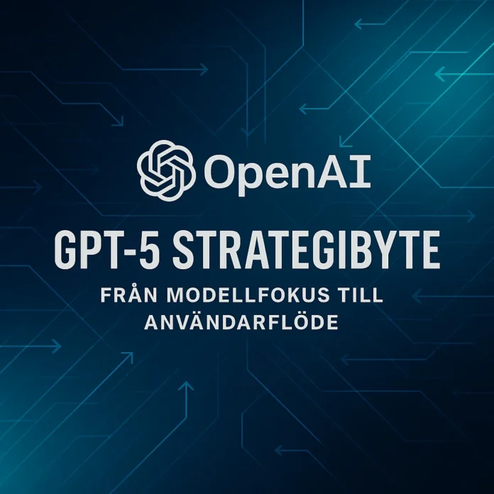 OpenAI GPT-5 strategibyte – futuristisk grafik med logotyp och pilar som symboliserar smart routing och användarflöden.