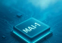 MAI-1 AI-chip som lyser i turkost på ett futuristiskt kretskort med blå digital molnbakgrund
