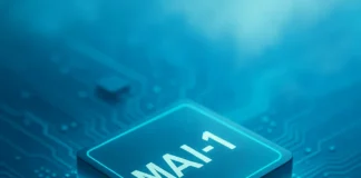 MAI-1 AI-chip som lyser i turkost på ett futuristiskt kretskort med blå digital molnbakgrund
