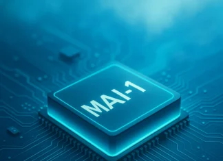 MAI-1 AI-chip som lyser i turkost på ett futuristiskt kretskort med blå digital molnbakgrund