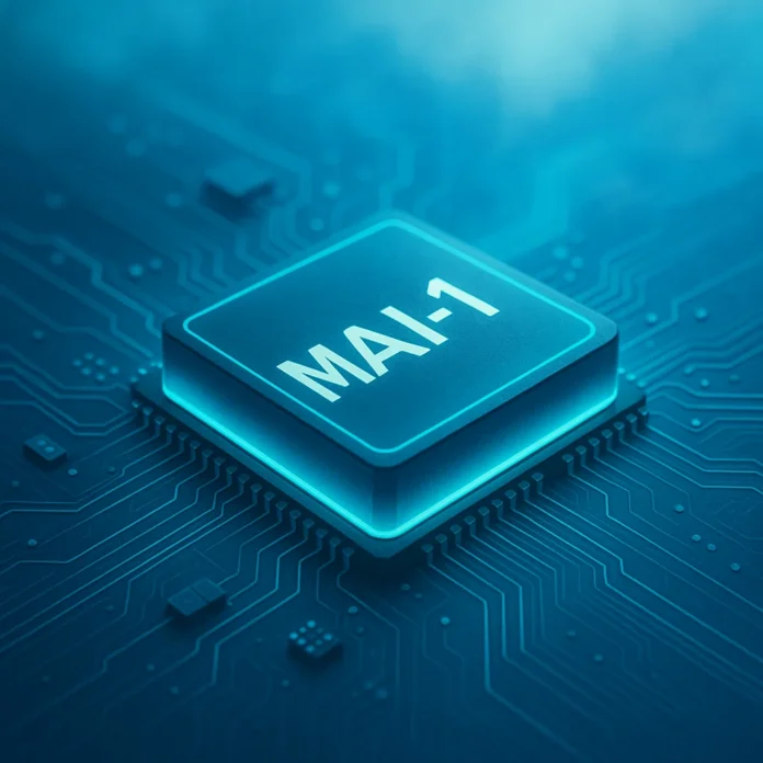 MAI-1 AI-chip som lyser i turkost på ett futuristiskt kretskort med blå digital molnbakgrund