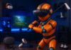 Techiesroboten testar på VR spel som Meta Quest 3 och dess tillbehör som golfklubba, externa laddare och andra prylar som förhöjer spelupplevelsen