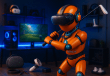 Techiesroboten testar på VR spel som Meta Quest 3 och dess tillbehör som golfklubba, externa laddare och andra prylar som förhöjer spelupplevelsen