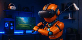 Techiesroboten testar på VR spel som Meta Quest 3 och dess tillbehör som golfklubba, externa laddare och andra prylar som förhöjer spelupplevelsen