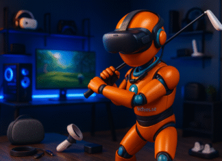 Techiesroboten testar på VR spel som Meta Quest 3 och dess tillbehör som golfklubba, externa laddare och andra prylar som förhöjer spelupplevelsen