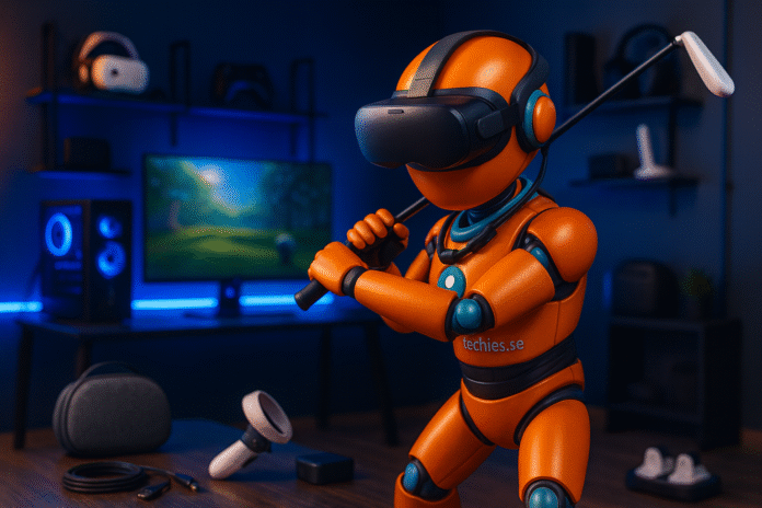 Techiesroboten testar på VR spel som Meta Quest 3 och dess tillbehör som golfklubba, externa laddare och andra prylar som förhöjer spelupplevelsen