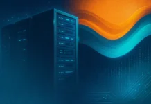 Futuristisk illustration av serverattacj med blå lysdioder, digitala vågor i orange och turkos samt flytande binärkod
