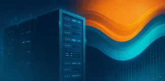 Futuristisk illustration av serverattacj med blå lysdioder, digitala vågor i orange och turkos samt flytande binärkod