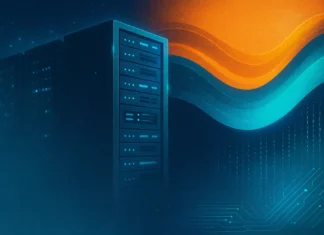 Futuristisk illustration av serverattacj med blå lysdioder, digitala vågor i orange och turkos samt flytande binärkod