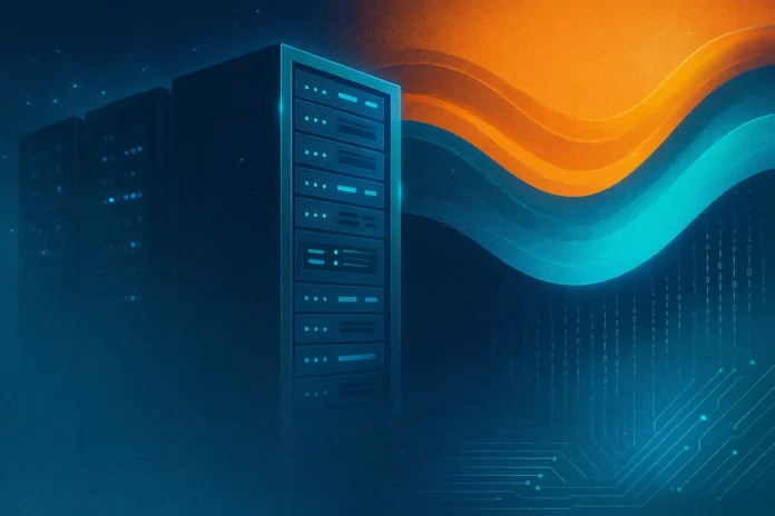 Futuristisk illustration av serverattacj med blå lysdioder, digitala vågor i orange och turkos samt flytande binärkod