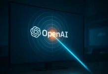 Illustration av OpenAI-loggan i en digital måltavla där en turkos ljusstråle träffar mitt i, med orange glöd som symboliserar träffsäkerhet och pålitlighet.