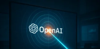 Illustration av OpenAI-loggan i en digital måltavla där en turkos ljusstråle träffar mitt i, med orange glöd som symboliserar träffsäkerhet och pålitlighet.