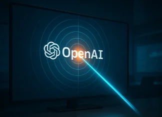 Illustration av OpenAI-loggan i en digital måltavla där en turkos ljusstråle träffar mitt i, med orange glöd som symboliserar träffsäkerhet och pålitlighet.