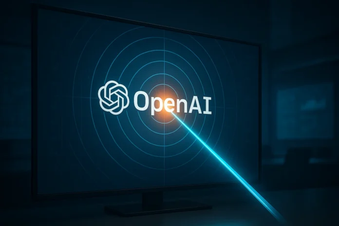 Illustration av OpenAI-loggan i en digital måltavla där en turkos ljusstråle träffar mitt i, med orange glöd som symboliserar träffsäkerhet och pålitlighet.