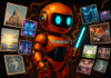 Techies.se orangea robot gör ai-genererade bilder som flyger omkring runt honom. Bakgrunden är mörk med orangea brinnande neonlights.