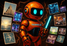 Techies.se orangea robot gör ai-genererade bilder som flyger omkring runt honom. Bakgrunden är mörk med orangea brinnande neonlights.