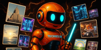 Techies.se orangea robot gör ai-genererade bilder som flyger omkring runt honom. Bakgrunden är mörk med orangea brinnande neonlights.
