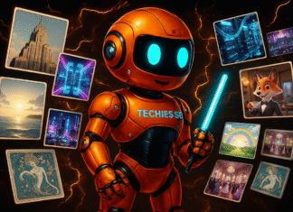 Techies.se orangea robot gör ai-genererade bilder som flyger omkring runt honom. Bakgrunden är mörk med orangea brinnande neonlights.