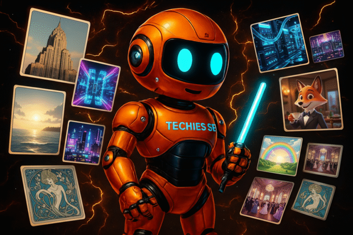 Techies.se orangea robot gör ai-genererade bilder som flyger omkring runt honom. Bakgrunden är mörk med orangea brinnande neonlights.